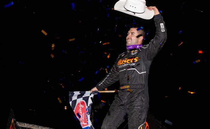David Gravel celebrates earning the final World of Outlaws win at Devil's Bowl Speedway. Photo courtesy Trent Gower.